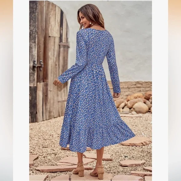 Women's Blue Floral Long Sleeve Dress, Size-Large - Picture 5 of 7